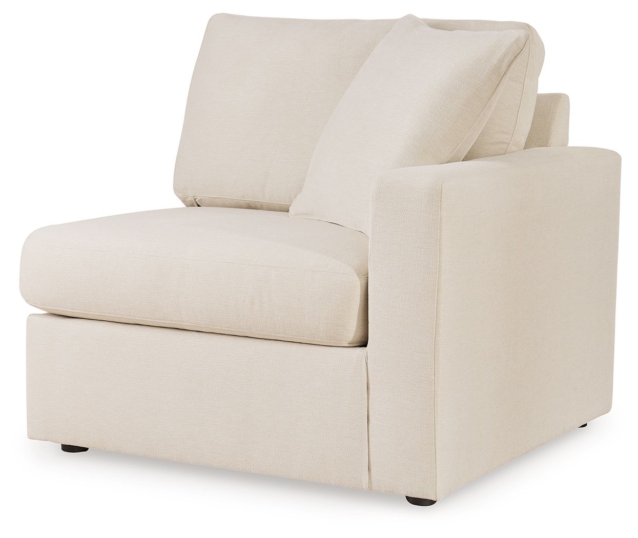 Oyster corner accent chair with beige fabric, rounded seat, and angled back cushions