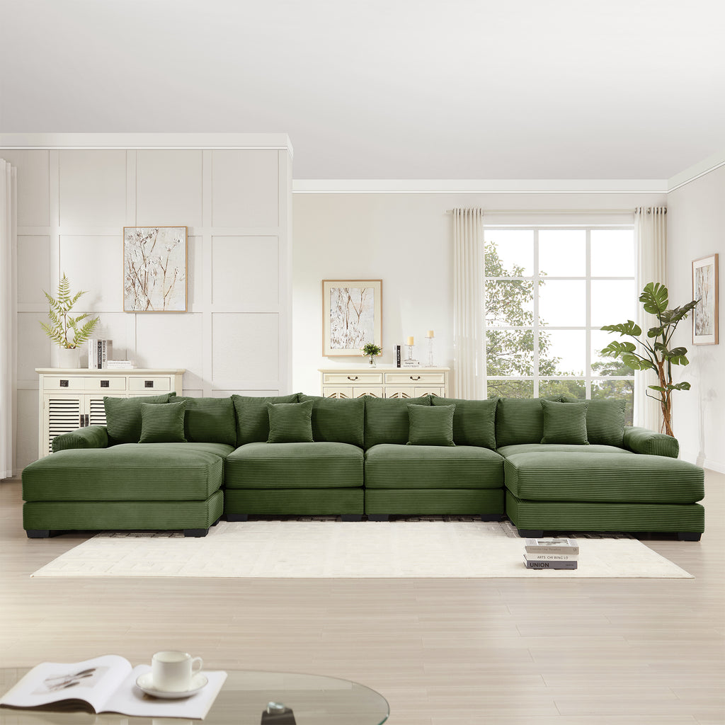 Green corduroy sectional sofa with L-shaped chaise and deep seat cushions