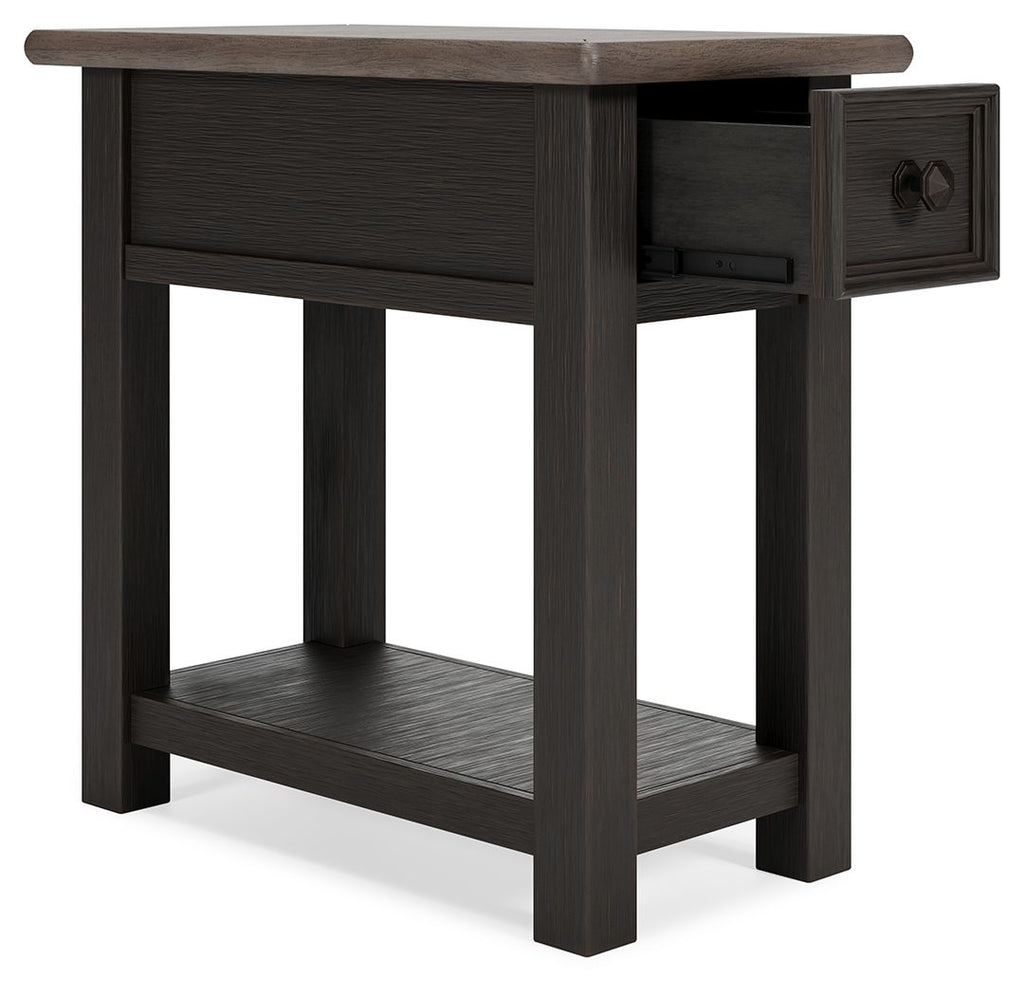 Dark chair side end table with one drawer and open bottom shelf.
