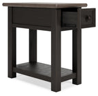 Dark chair side end table with one drawer and open bottom shelf.