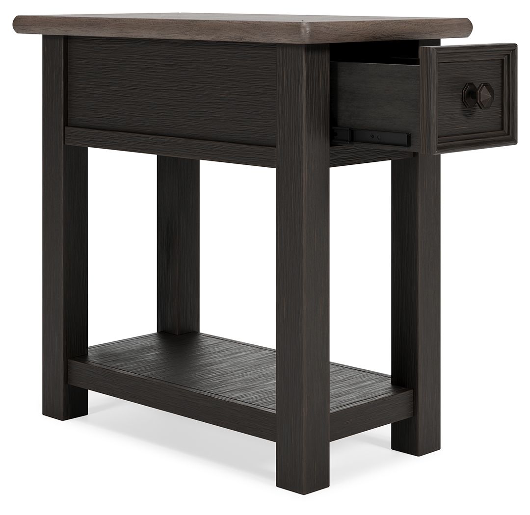 Dark chair side end table with one drawer and open bottom shelf.