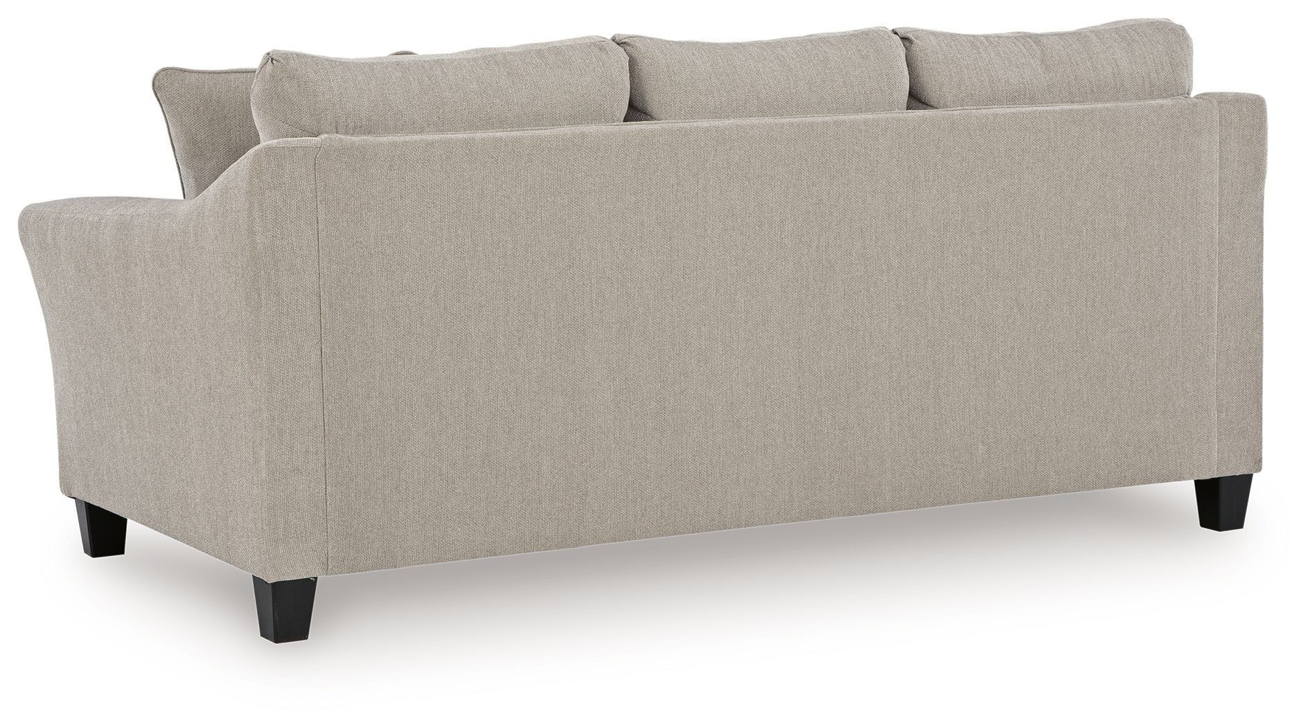 Taupe upholstered sofa with tufted seat cushions, back pillows, dark legs