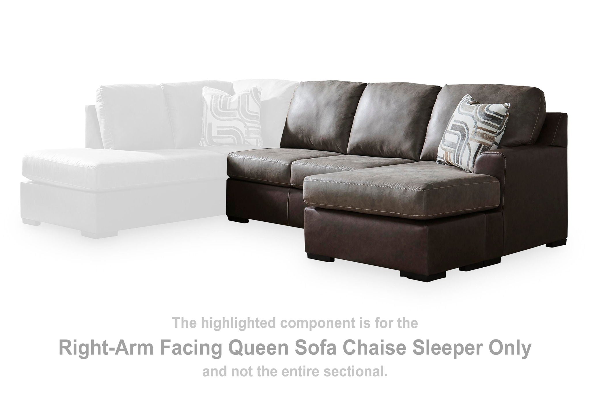 Right-arm facing queen sofa chaise sleeper in dark brown fabric with chaise and cushions