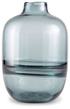 Teal glass vase with rounded body and narrow neck, clear band detail.