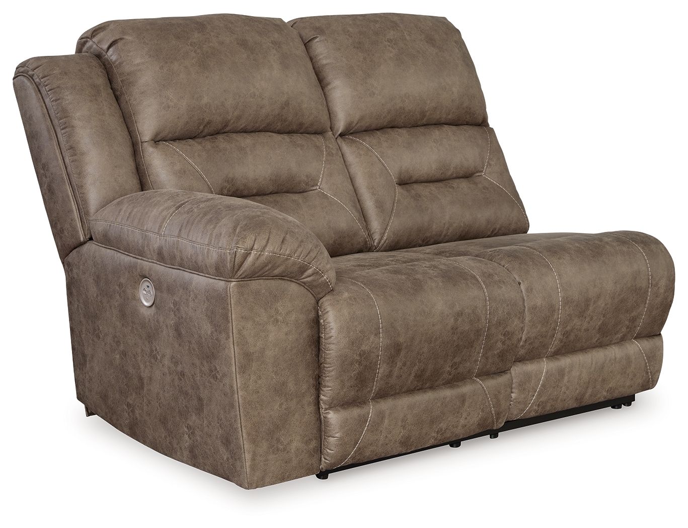 Fossil brown power reclining loveseat with padded armrests and headrest cushions