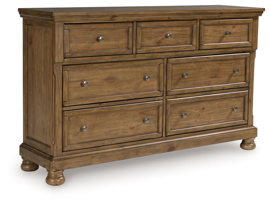 Feddinger wooden dresser in medium brown with multiple drawers and metal knobs