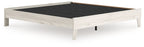 Light beige platform bed frame with black slat base and open center deck