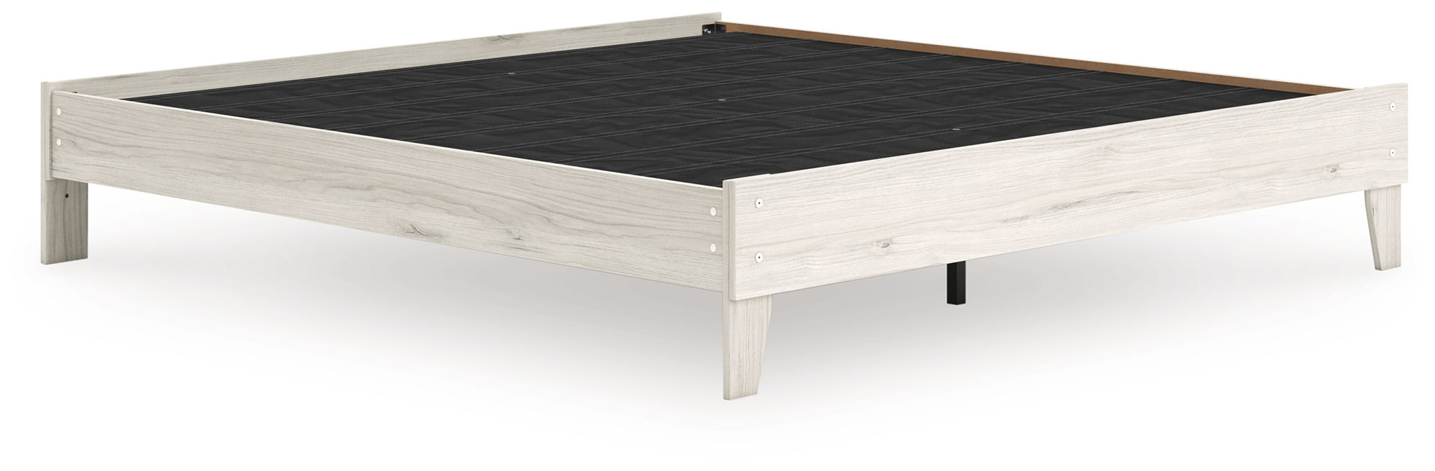 Light beige platform bed frame with black slat base and open center deck