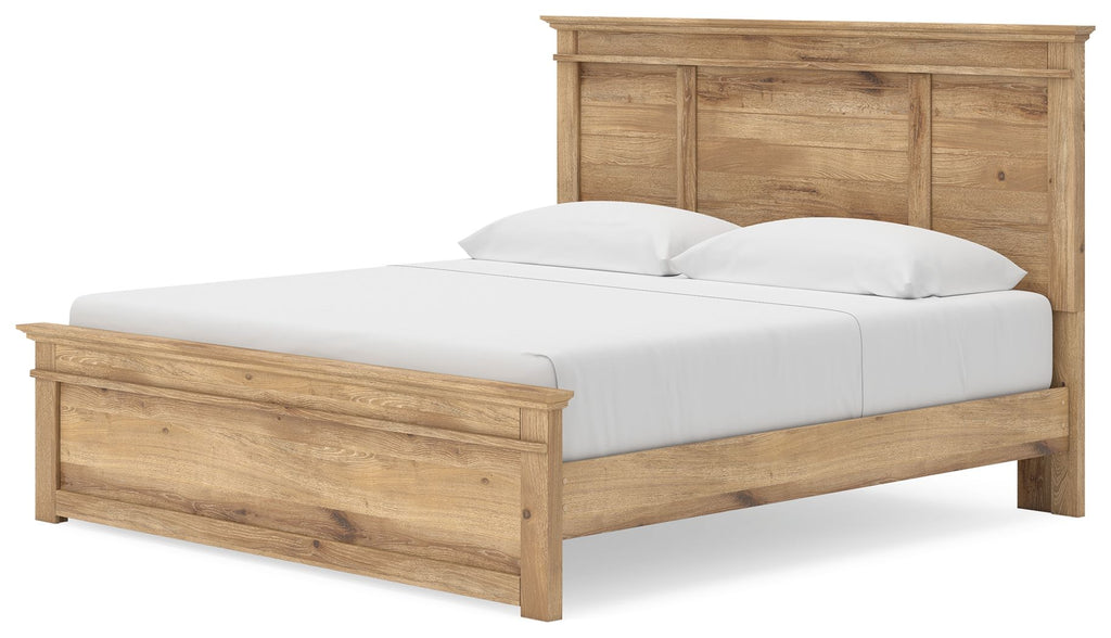 Light brown wood panel storage bed with slatted base and front drawer storage