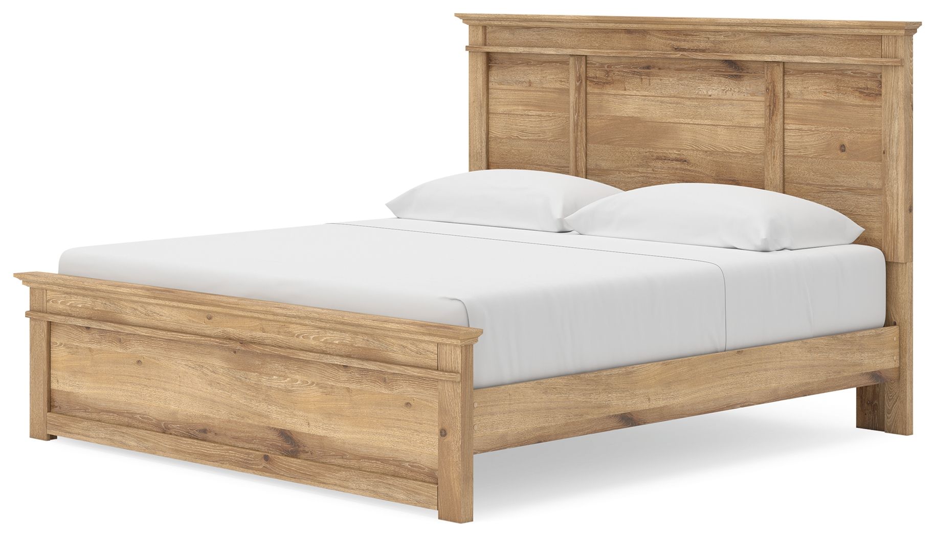 Light brown wood panel storage bed with slatted base and front drawer storage