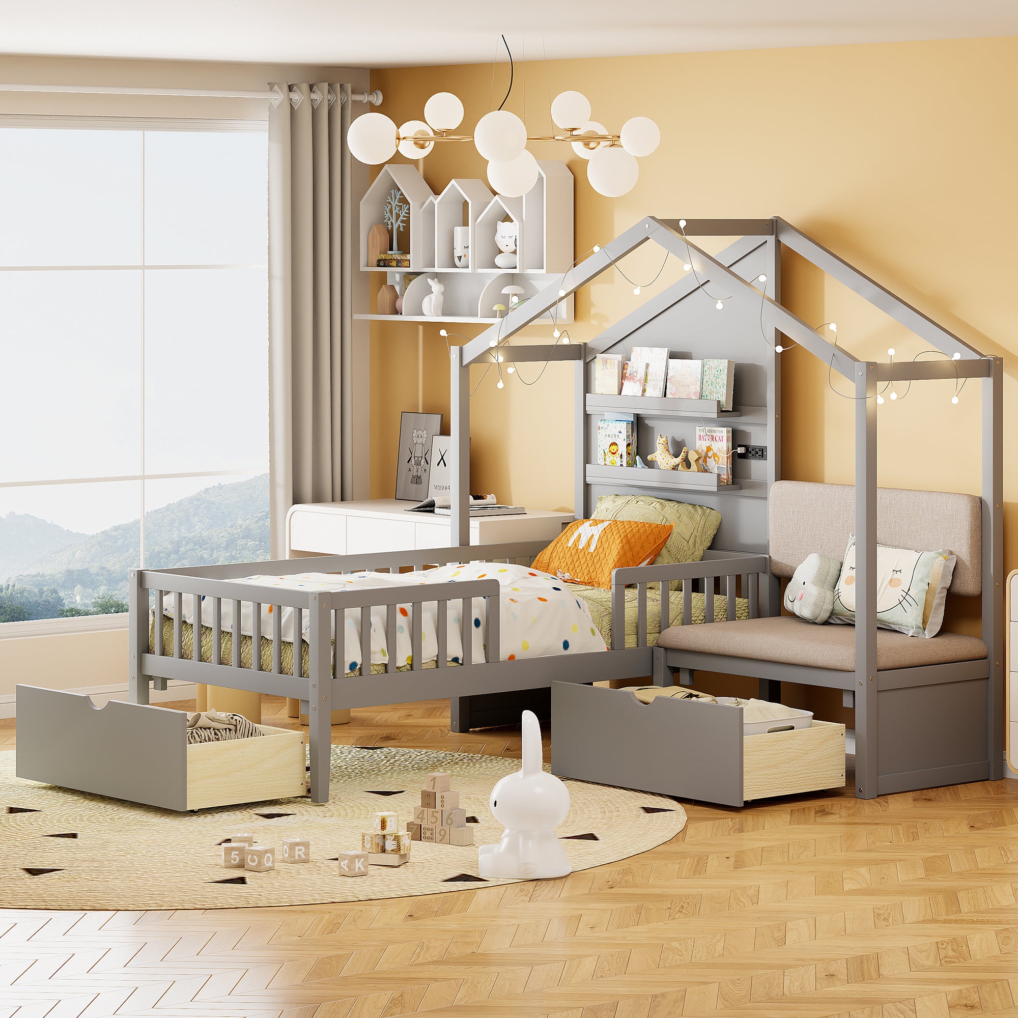 Gray Twin House Bed with Sofa, Wireless Charging & Storage