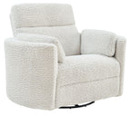 Swivel glider recliner chair in light cream with rounded arms and plush textured upholstery