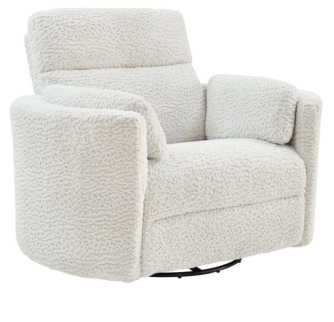 Swivel glider recliner chair in light cream with rounded arms and plush textured upholstery