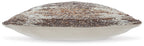 Decorative speckled pillow in dark brown and beige, angled side view