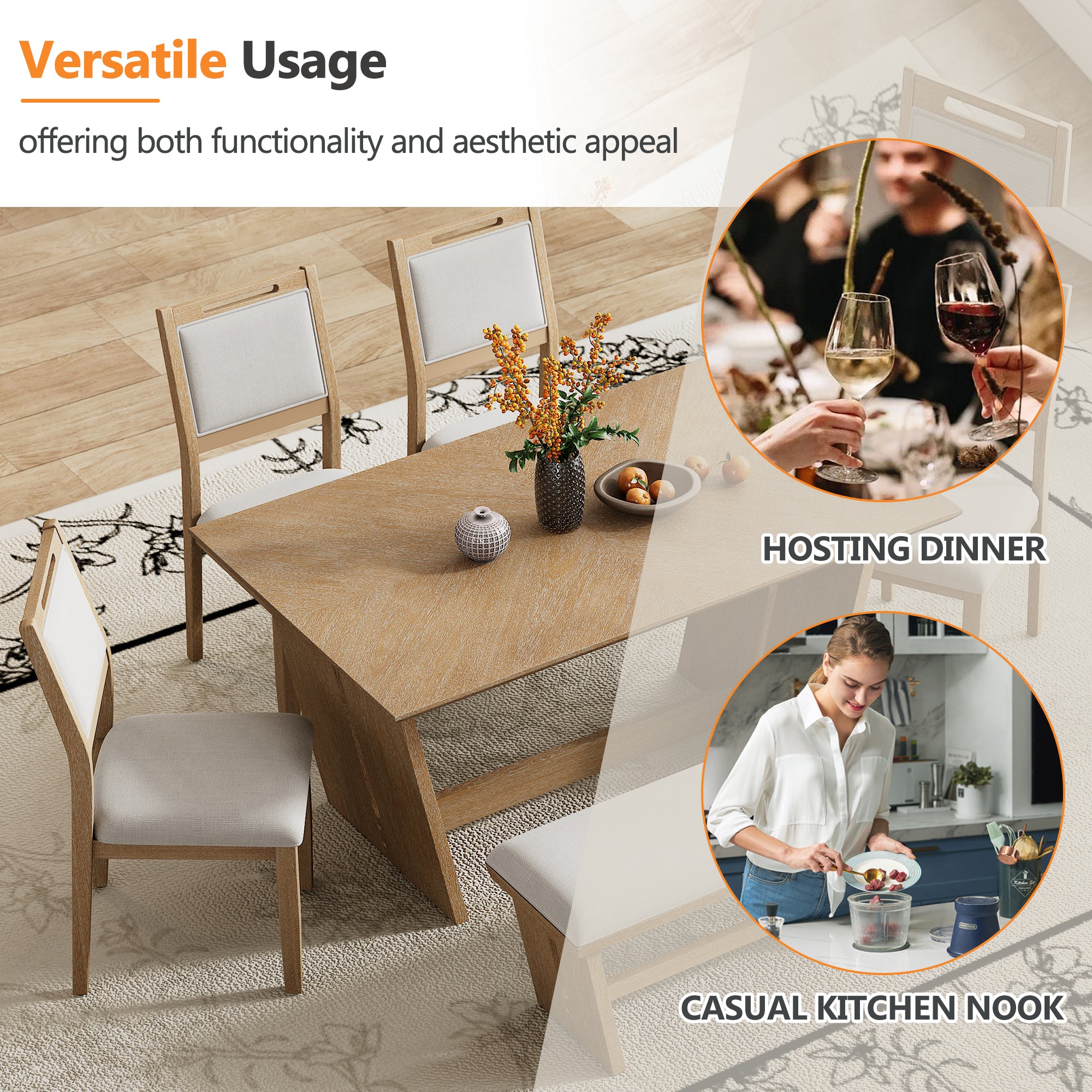 6-Pc Retro Dining Set w/ Bench - Natural Wood