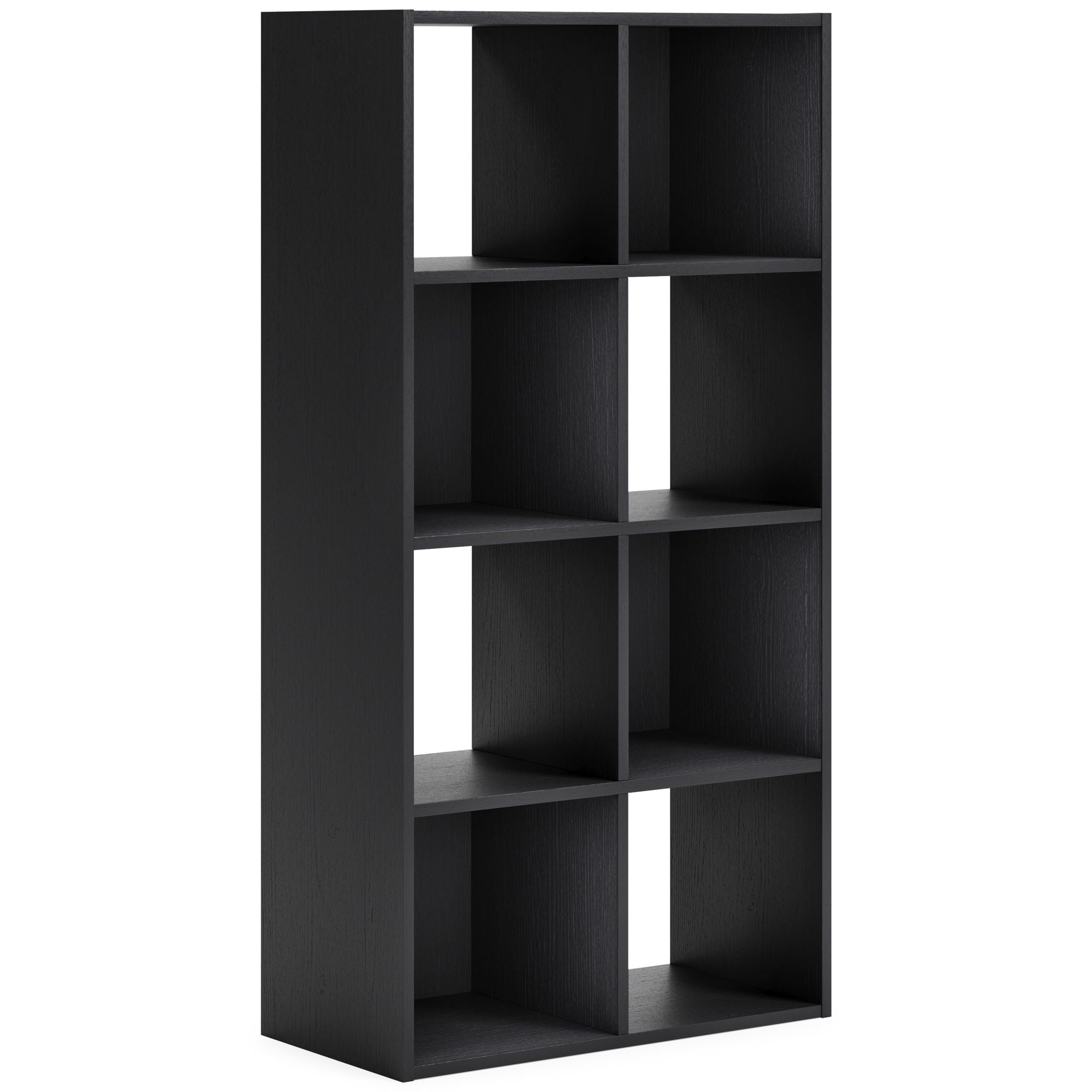 Black 8-cube organizer with open cube compartments, upright shelving unit