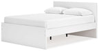 White panel platform bed with low headboard and footboard; includes open under-bed space.
