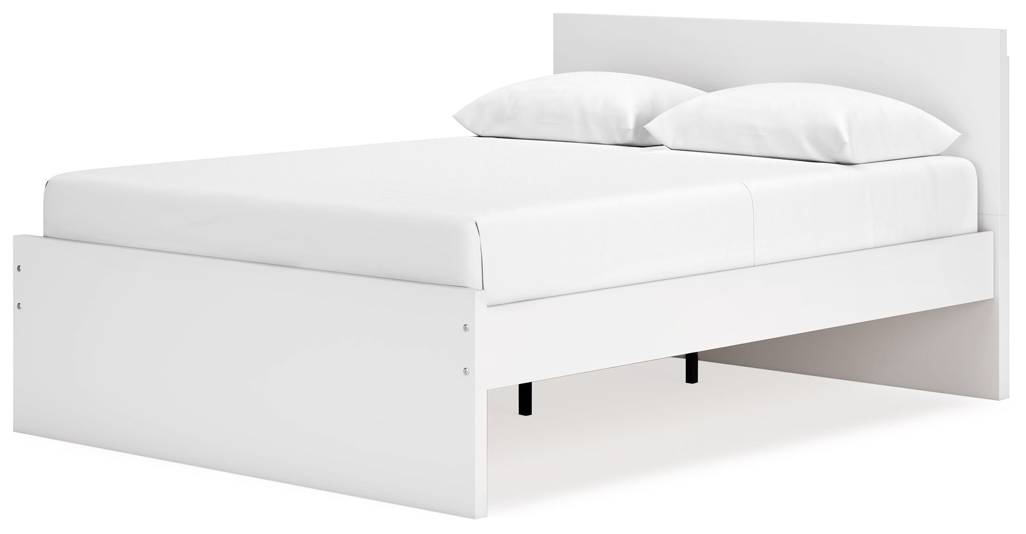 White panel platform bed with low headboard and footboard; includes open under-bed space.