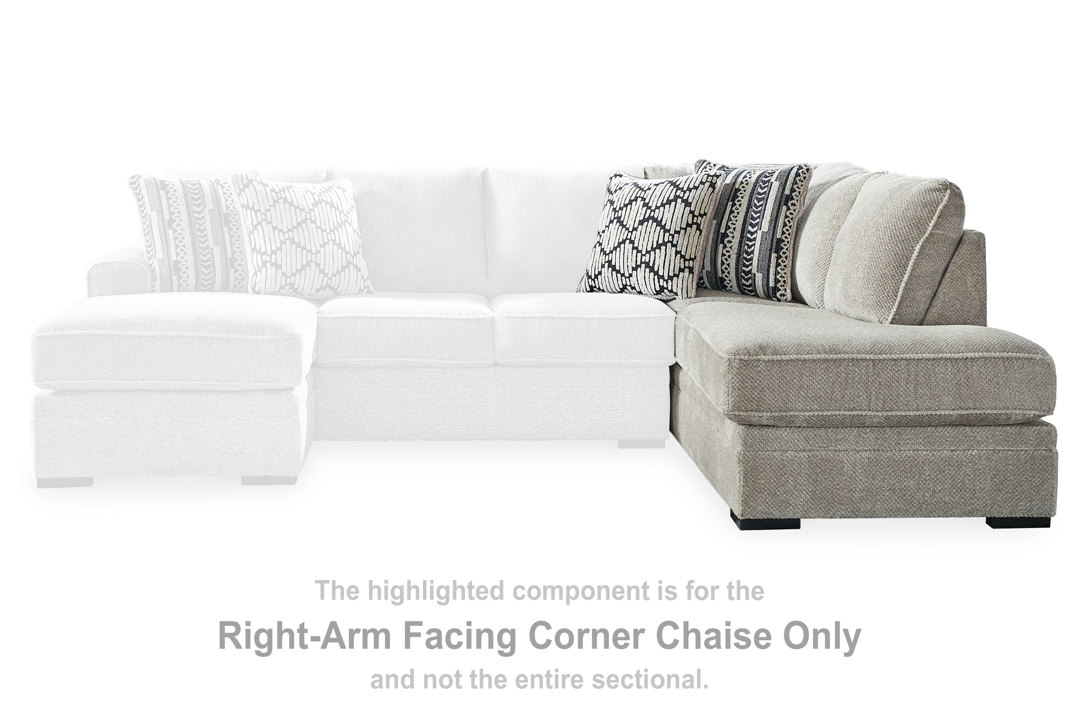 Right-arm facing corner chaise with light gray fabric and striped patterned throw pillows