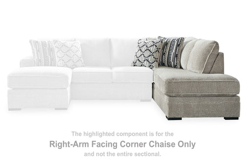 Right-arm facing corner chaise with light gray fabric and striped patterned throw pillows