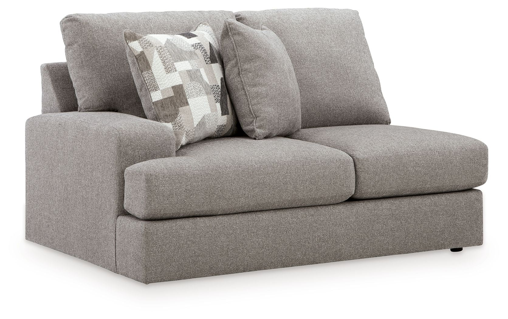Smoke gray upholstered loveseat with left-facing armrest and two accent pillows.