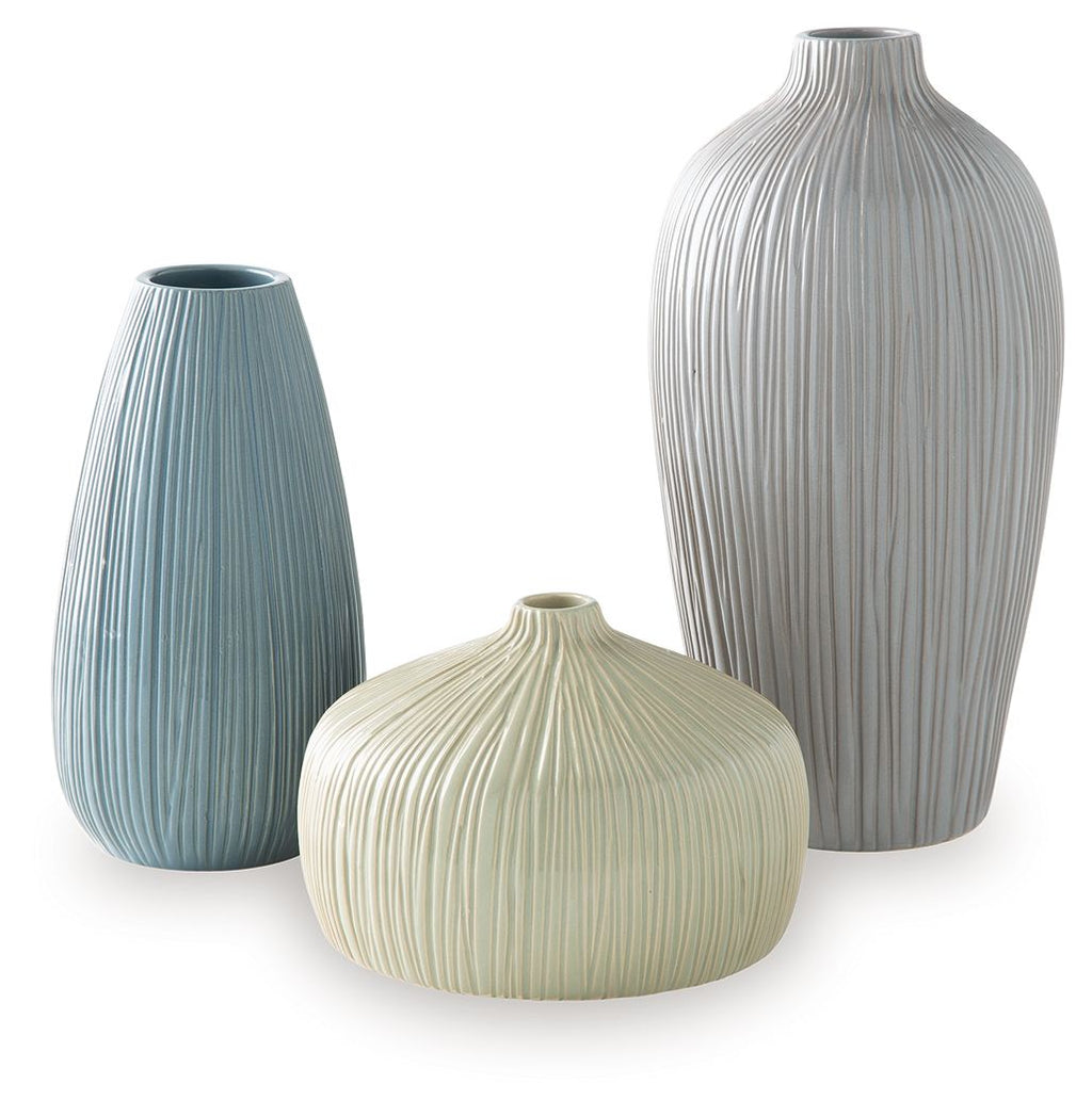 Set of 3 ribbed ceramic vases in gray, blue, and ivory, rounded shapes