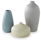 Set of 3 ribbed ceramic vases in gray, blue, and ivory, rounded shapes
