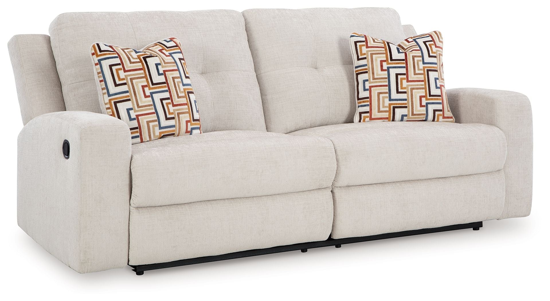 Light stone 2-seat reclining sofa with geometric pattern pillows and corner arm details
