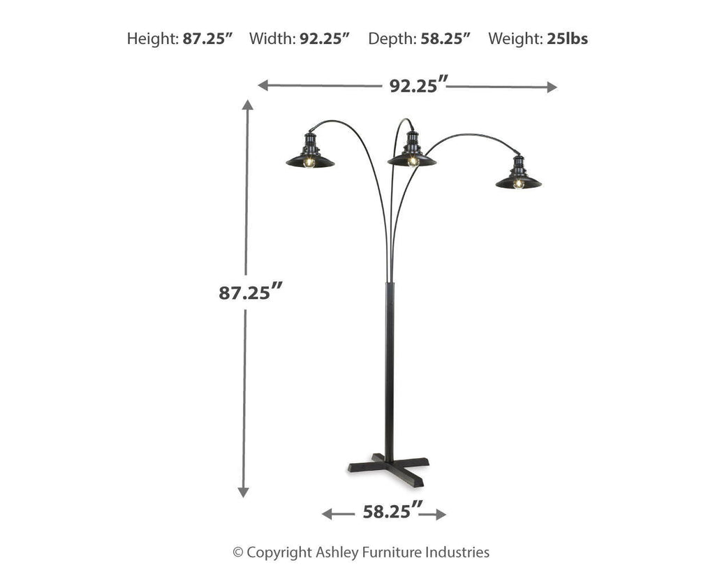 Sheriel black metal arc lamp with three curved arms and three dome shades