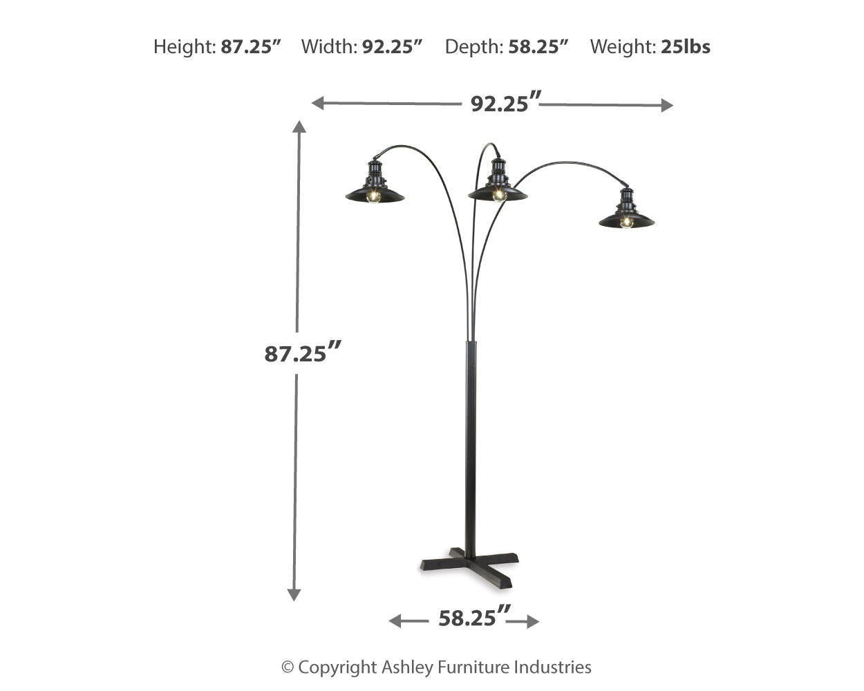 Sheriel black metal arc lamp with three curved arms and three dome shades