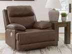 Tobacco brown power recliner chair with adjustable headrest and wide cushioned arms