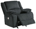 Slate fabric rocker recliner chair with extended footrest and side control panel