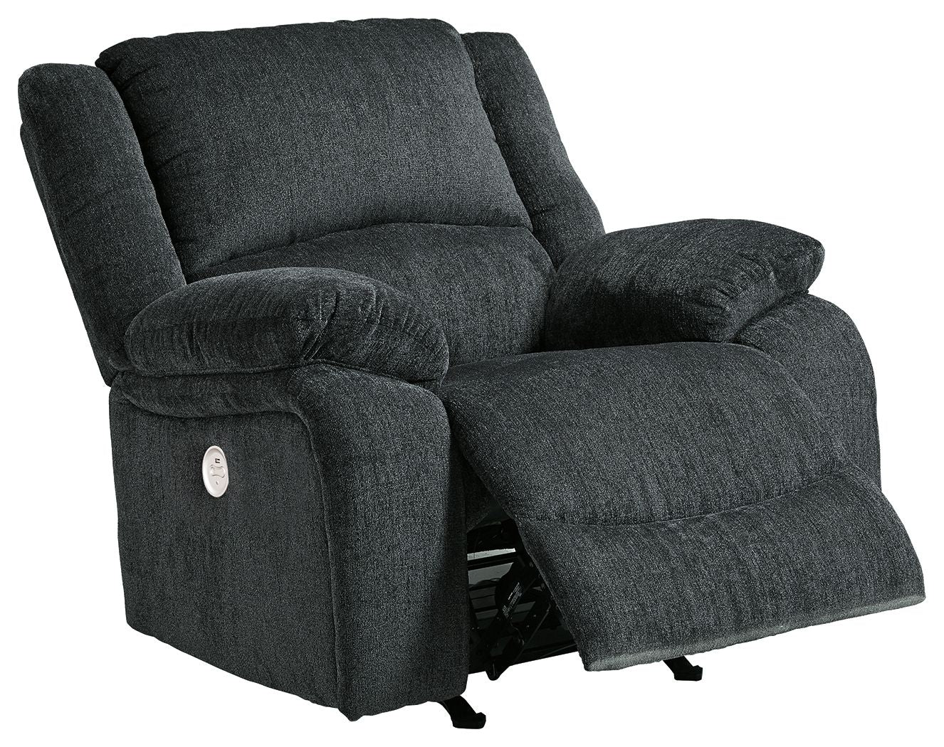 Slate fabric rocker recliner chair with extended footrest and side control panel