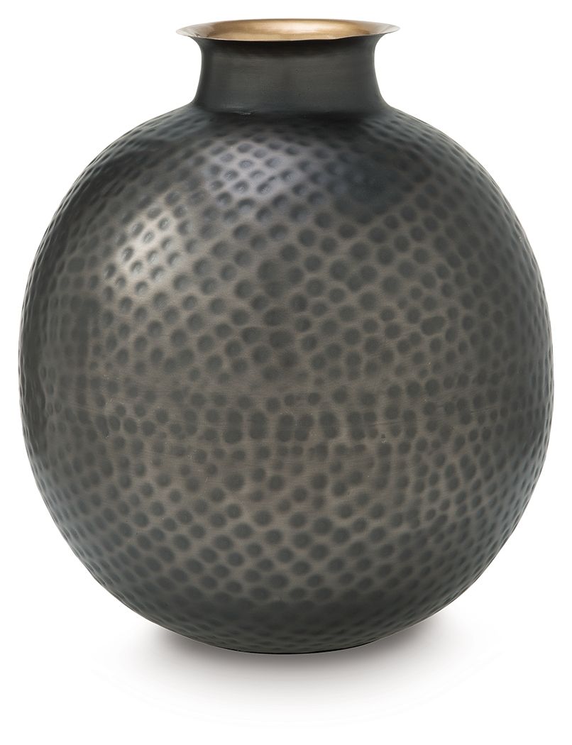 Dark gray hammered ceramic vase with rounded body and gold-toned opening rim