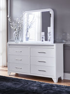 White dresser with arched mirror and six drawers, silver bar pulls