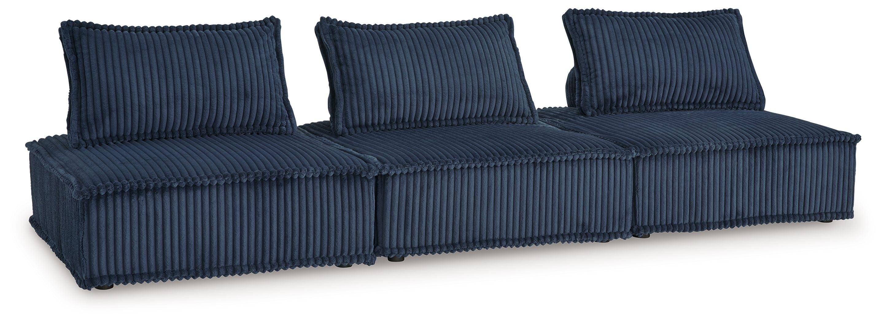 Navy modular sectional sofa with three raised seat sections and back cushions