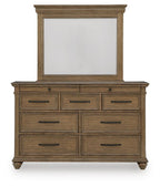 Dark brown dresser with attached mirror panel above, featuring six front drawers and pulls.