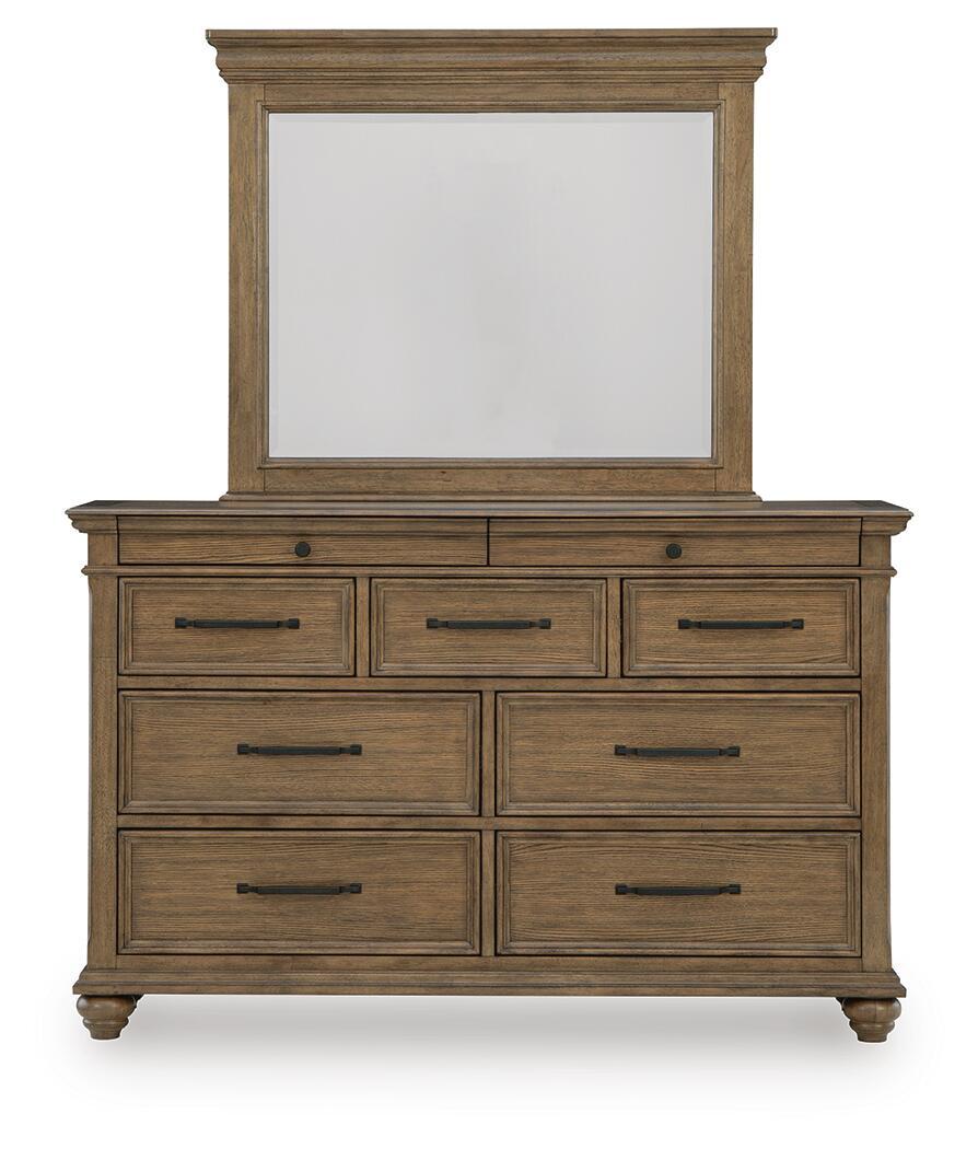 Dark brown dresser with attached mirror panel above, featuring six front drawers and pulls.