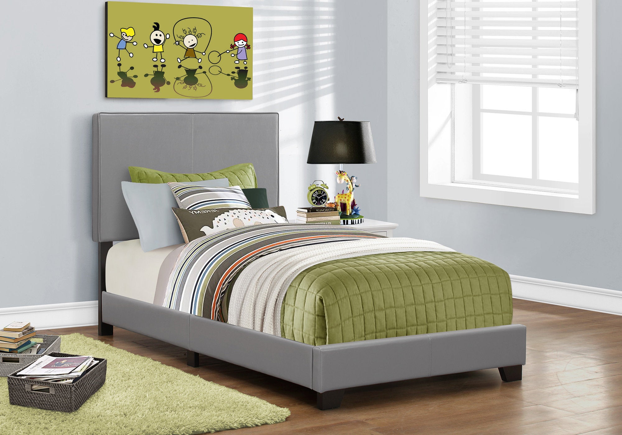 Transitional Twin Upholstered Bed - Grey Leather Look