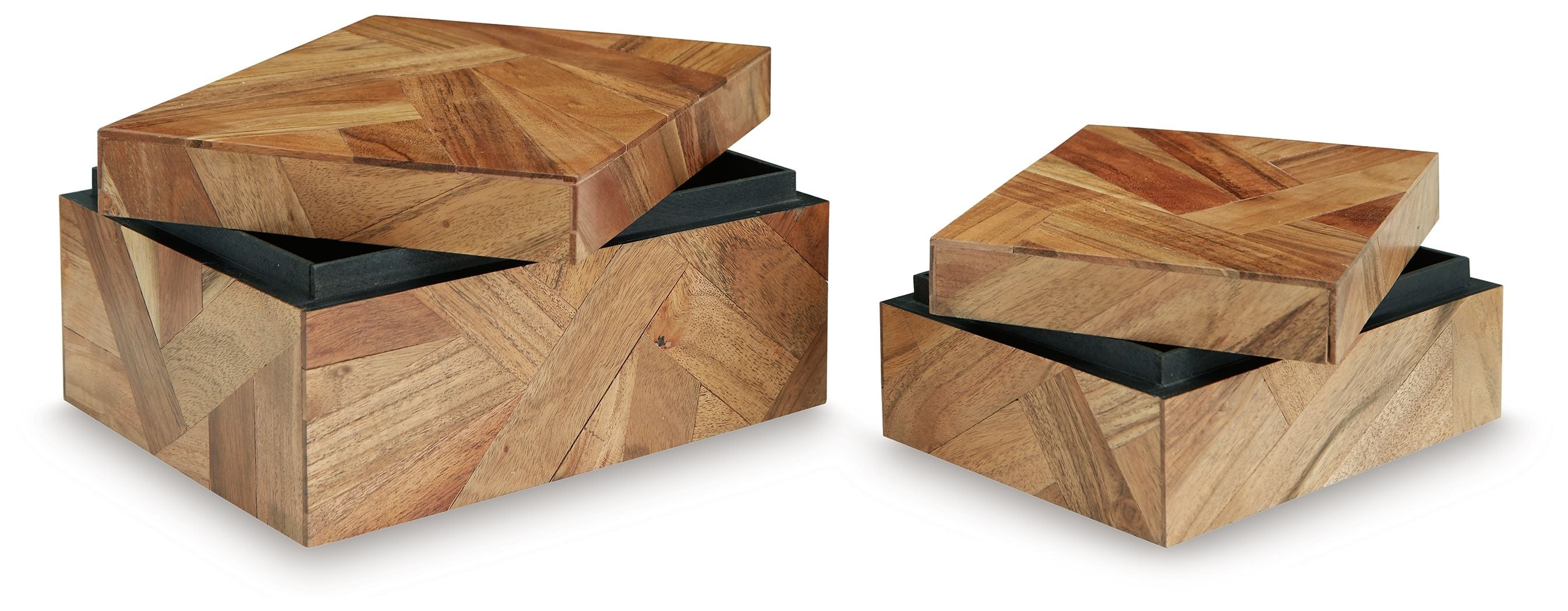 Antford set of 2 brown wooden storage boxes with hinged lids, both with black interiors
