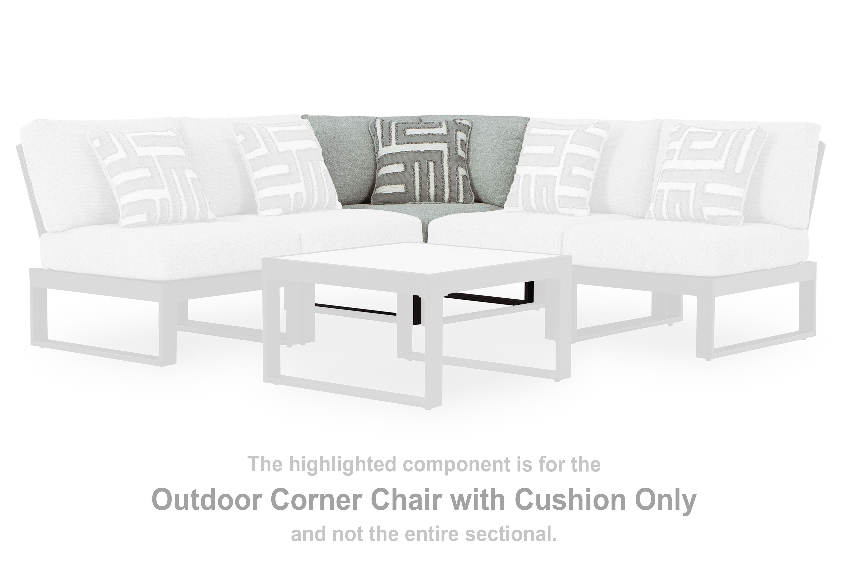 White outdoor corner chair with seat cushion and patterned throw pillows