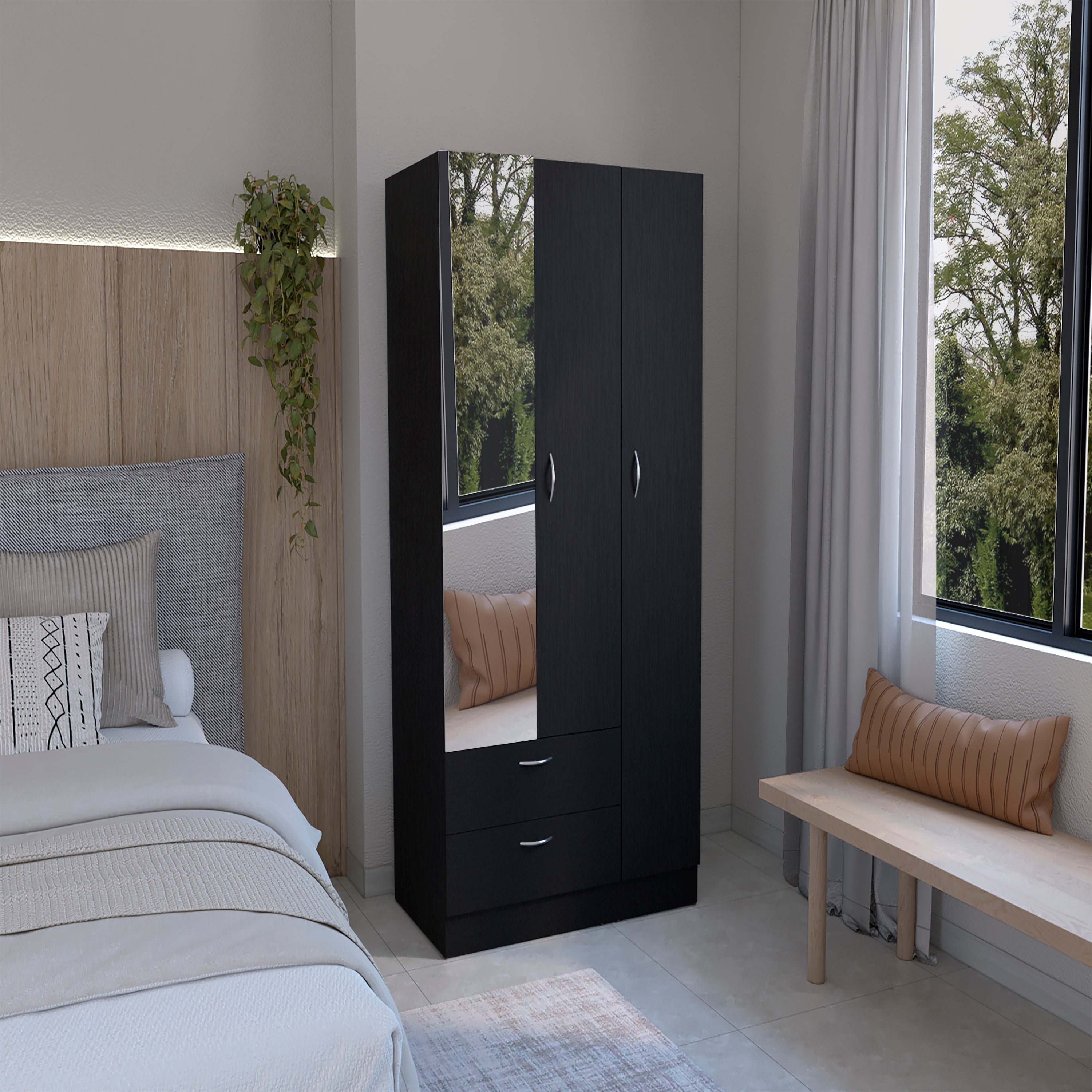 Black Wardrobe 3 Doors Mirror 2 Drawers Shelves