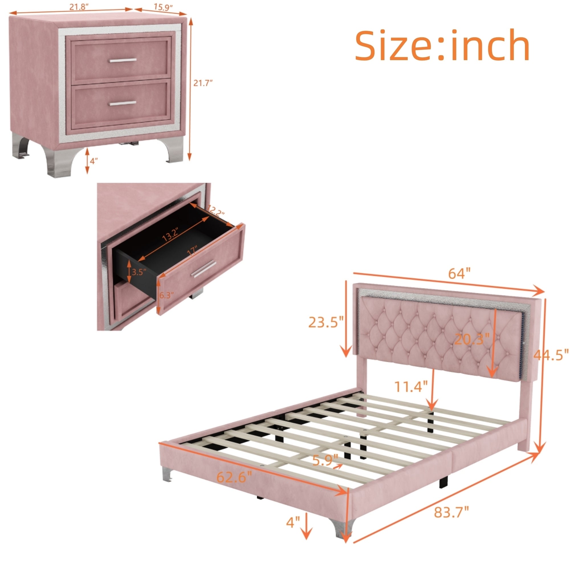 Pink Queen Upholstered Bed Set w/ LED Lights & Nightstands