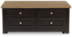 Lift-top cocktail table with brown tabletop and six drawer fronts, silver round knobs