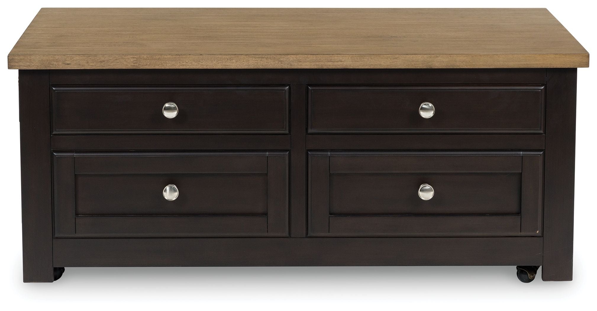 Lift-top cocktail table with brown tabletop and six drawer fronts, silver round knobs