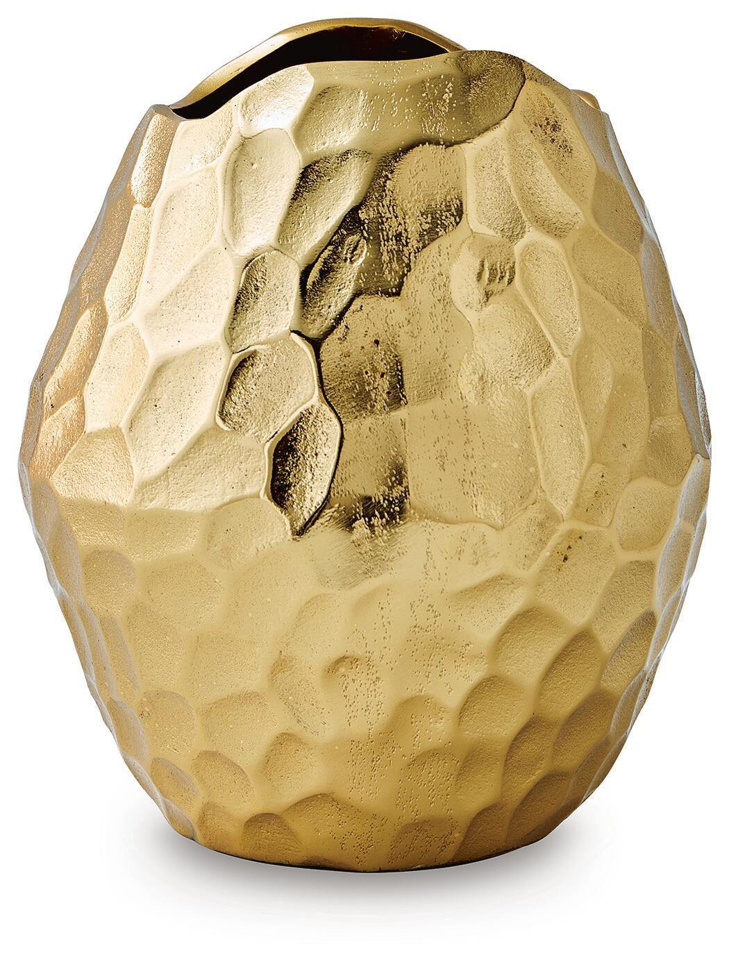 Gold hammered metal vase with wide open top and organic faceted texture