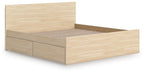 Light brown panel platform bed with two front storage drawers and slat base