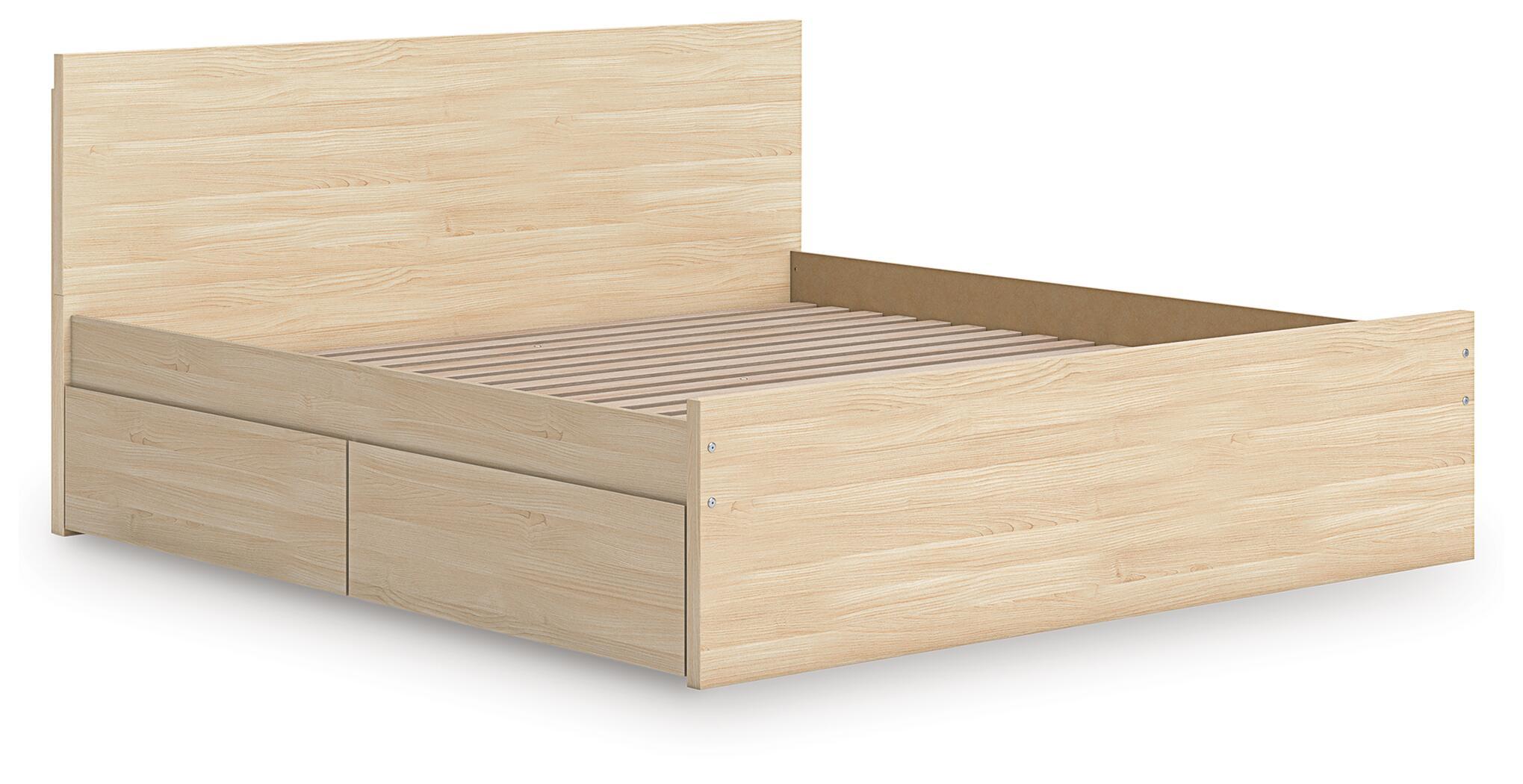Light brown panel platform bed with two front storage drawers and slat base