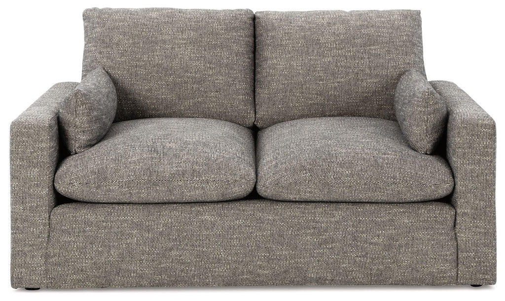 Granite upholstered loveseat with two seat cushions and rolled arms