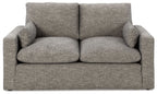 Granite upholstered loveseat with two seat cushions and rolled arms